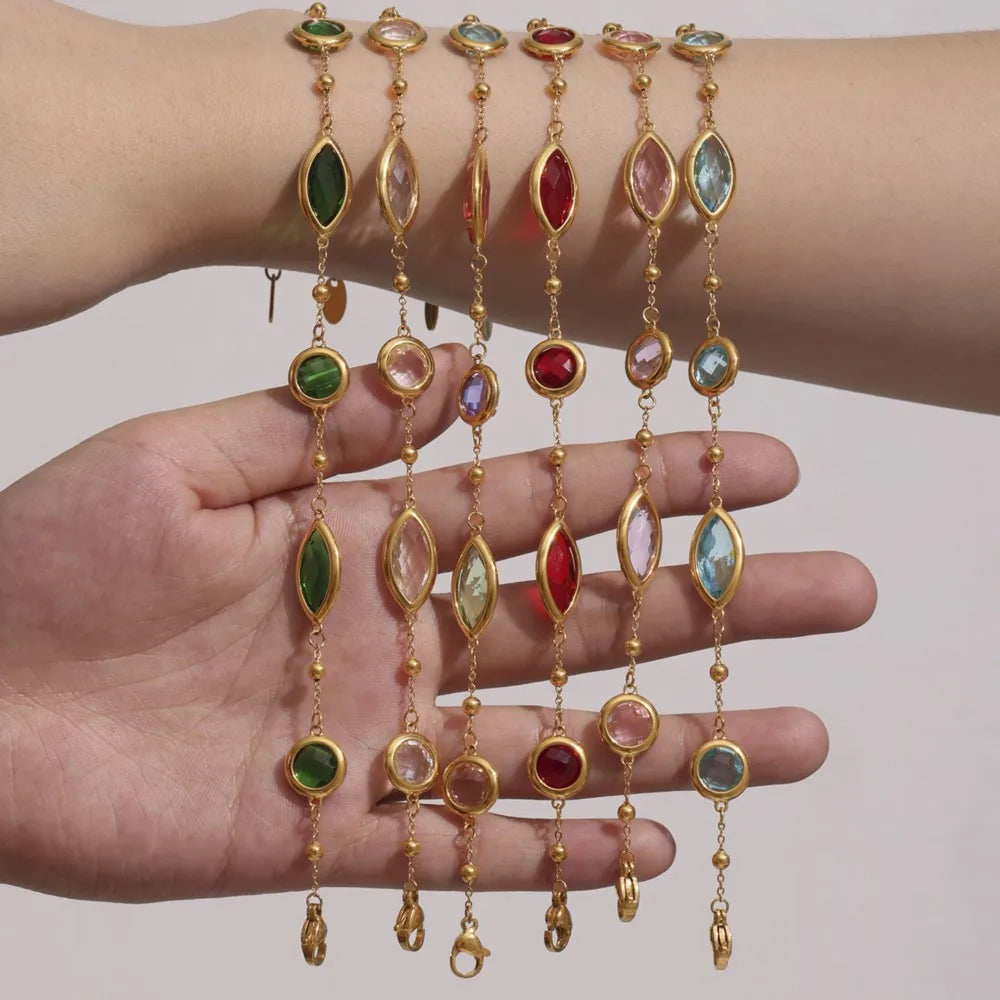 Stainless Steel Chain Necklaces Bracelet For Women 18k Gold Plated With Colorful Faceted Czech Glass Crystal Necklace Bracelets