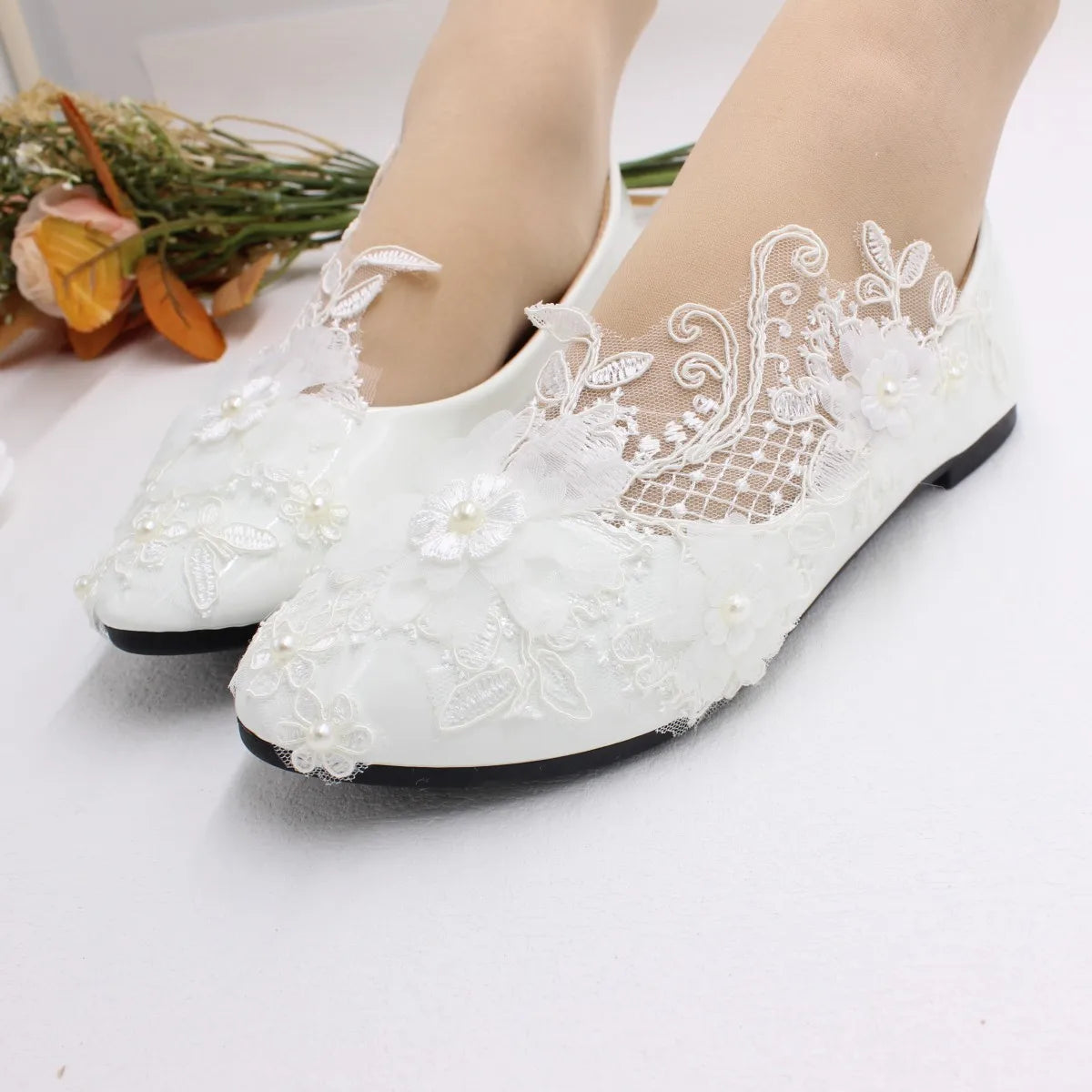 New Spring Lace Wedding Shoes White Flat Bride Shoes Original Design Princess Women's Single Shoes Suitable for Wedding Dress Ph