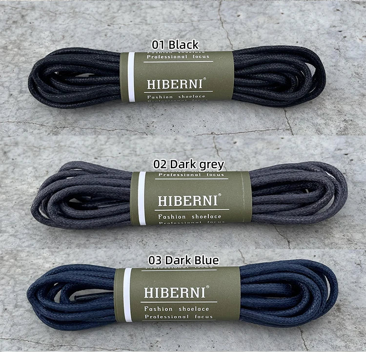 HIBERNI Round Cotton Waxed Shoelaces Black Gray Blue 60/70/80/90/100/120/140/160/180cm for Work Boots for Men Laces Accessories