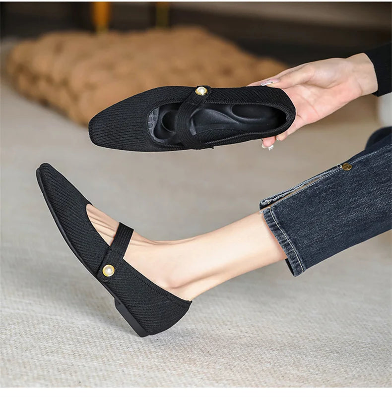 2024 Leisure Weaving Flats Women Ankle Strap Pearl Mary Stretch Fabric Ballerina  Knitting Moccasins  Mesh Ballet Solid Color