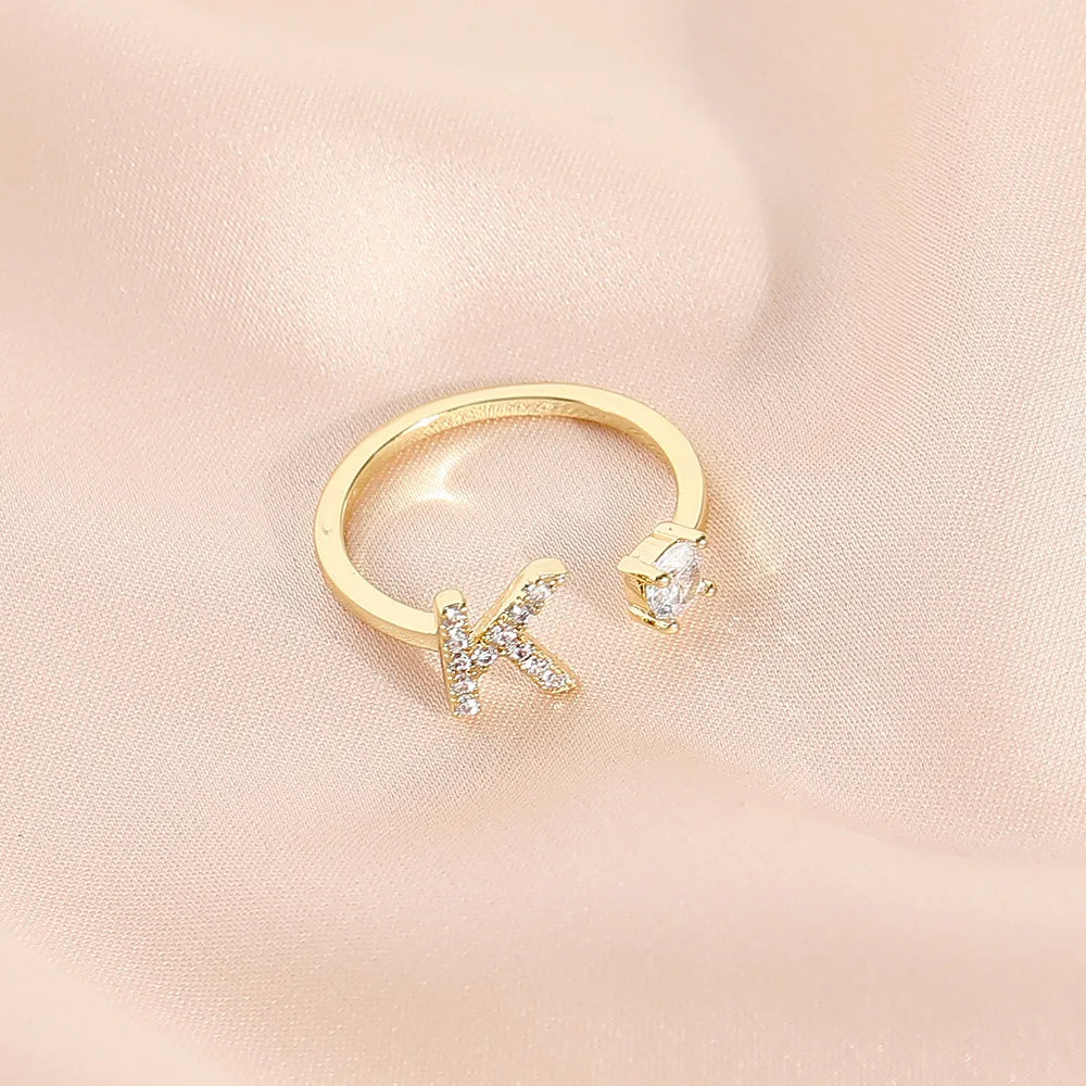 925 Sterling Silver Letter Gold Stackable Alphabet Rings with Initial Adjustable Crystal Inlaid Initial Rings Bridesmaid Gift