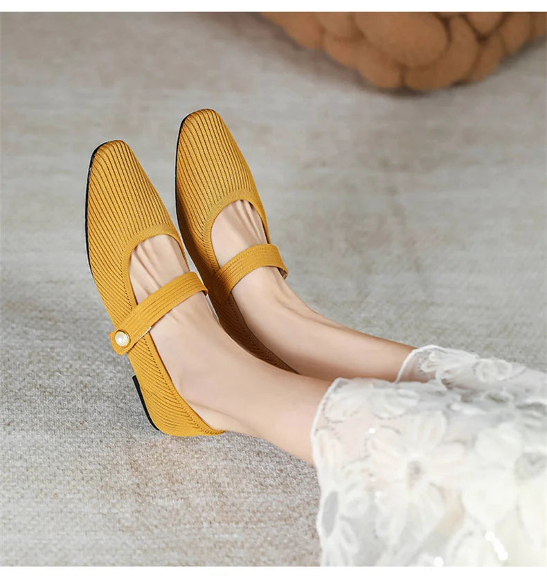 2024 Leisure Weaving Flats Women Ankle Strap Pearl Mary Stretch Fabric Ballerina  Knitting Moccasins  Mesh Ballet Solid Color