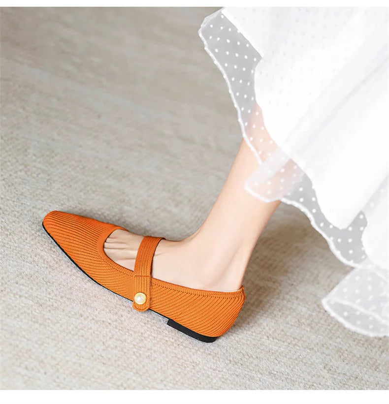 2024 Leisure Weaving Flats Women Ankle Strap Pearl Mary Stretch Fabric Ballerina  Knitting Moccasins  Mesh Ballet Solid Color
