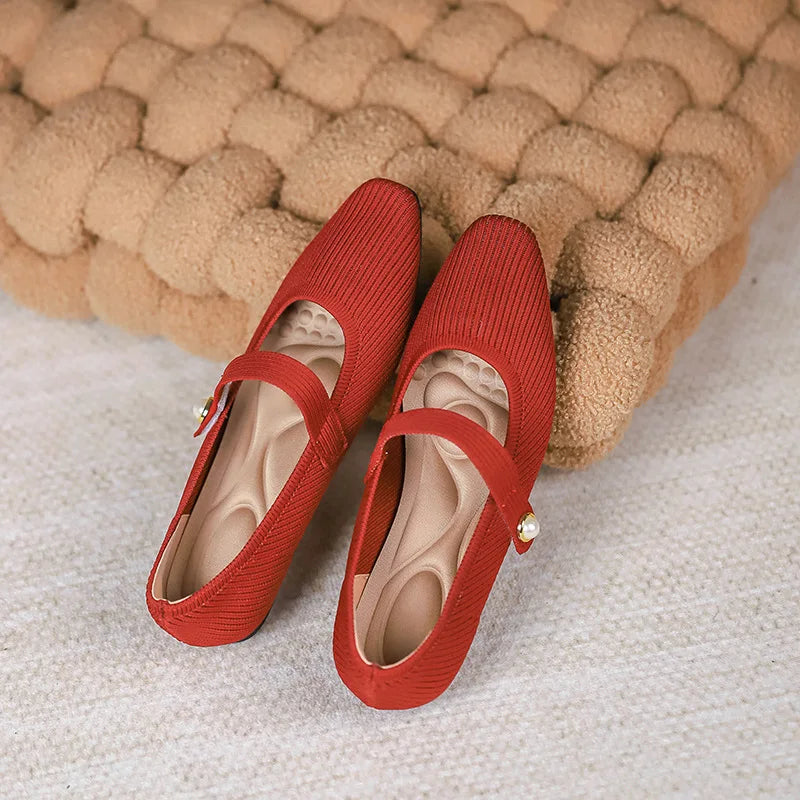2024 Leisure Weaving Flats Women Ankle Strap Pearl Mary Stretch Fabric Ballerina  Knitting Moccasins  Mesh Ballet Solid Color
