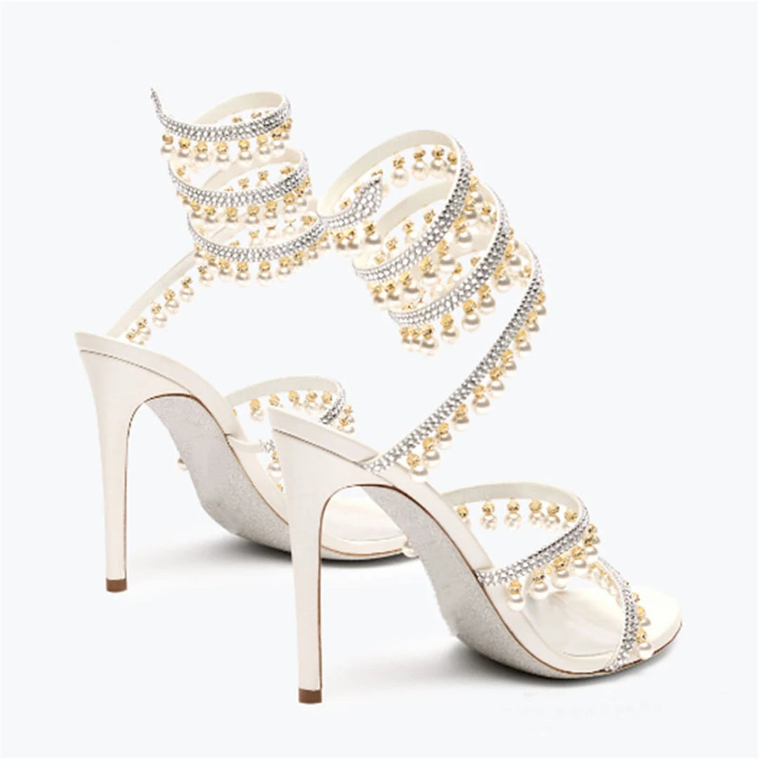 Summer new pearl rhinestone wrapped sexy waterproof platform sandals thin high-heeled banquet dress large size women's shoes