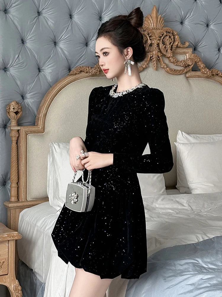 Women's Clothing Retro Sweet Party Dress French Elegant Shiny Sequin Short Ball Gown Feminino Birthday Prom Vestidos Fiesta Lady