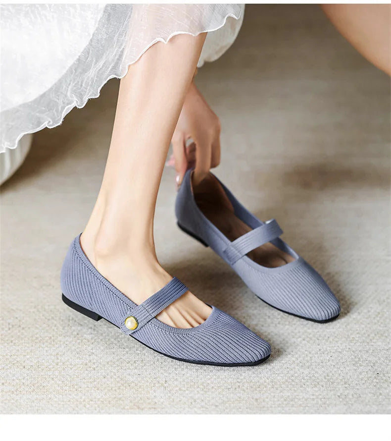 2024 Leisure Weaving Flats Women Ankle Strap Pearl Mary Stretch Fabric Ballerina  Knitting Moccasins  Mesh Ballet Solid Color