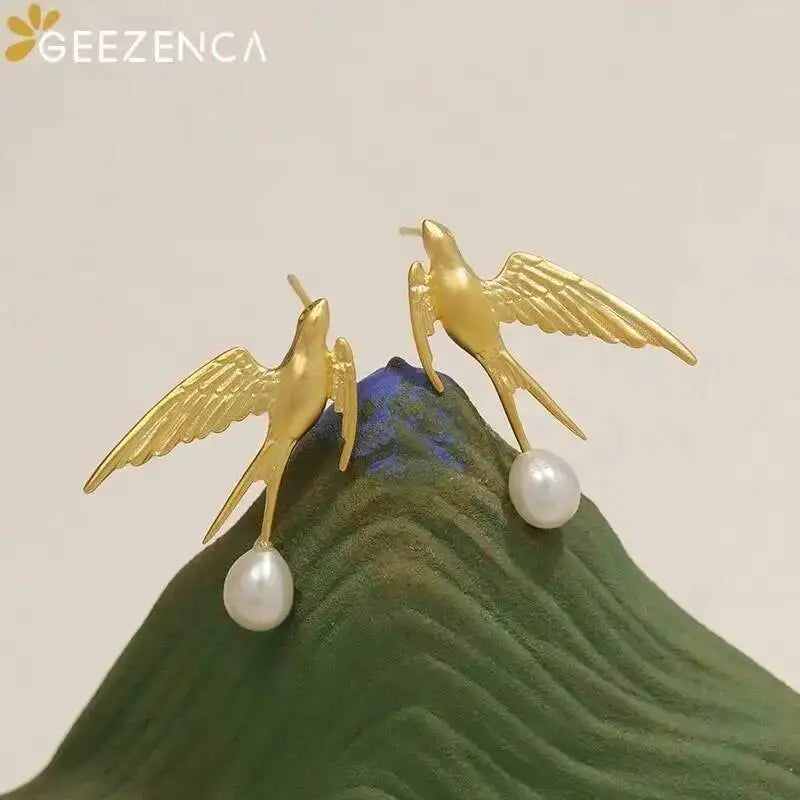 GEEZENCA 925 Silver Pearl 3D Swallow Bird Statement Earrings Women Designer Trendy Dainty Unique Stud Earring Party Gift For Her