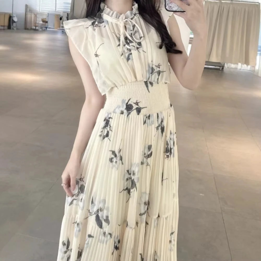 Neploe Fresh Mid-length Print High Waist Robe New Gentle Literary Lace Up Pleated Slim Exquisite Mujer Japan New Elegant Dress