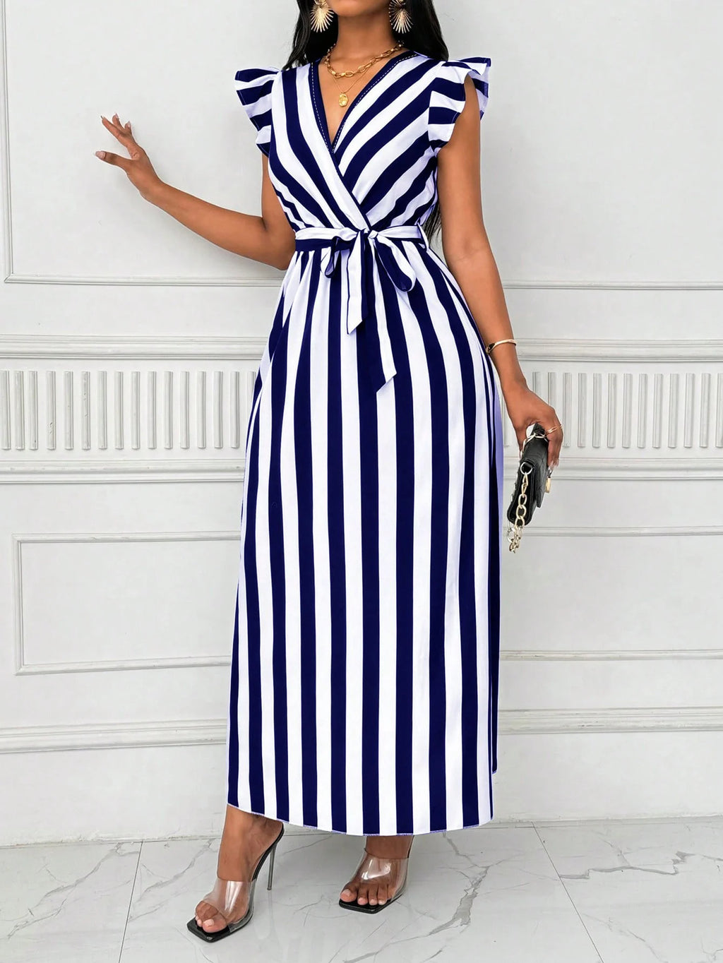 Women's Ruffled Sleeve Striped Dress Casual Vintage Long Sleeve Dress Maxi Dress