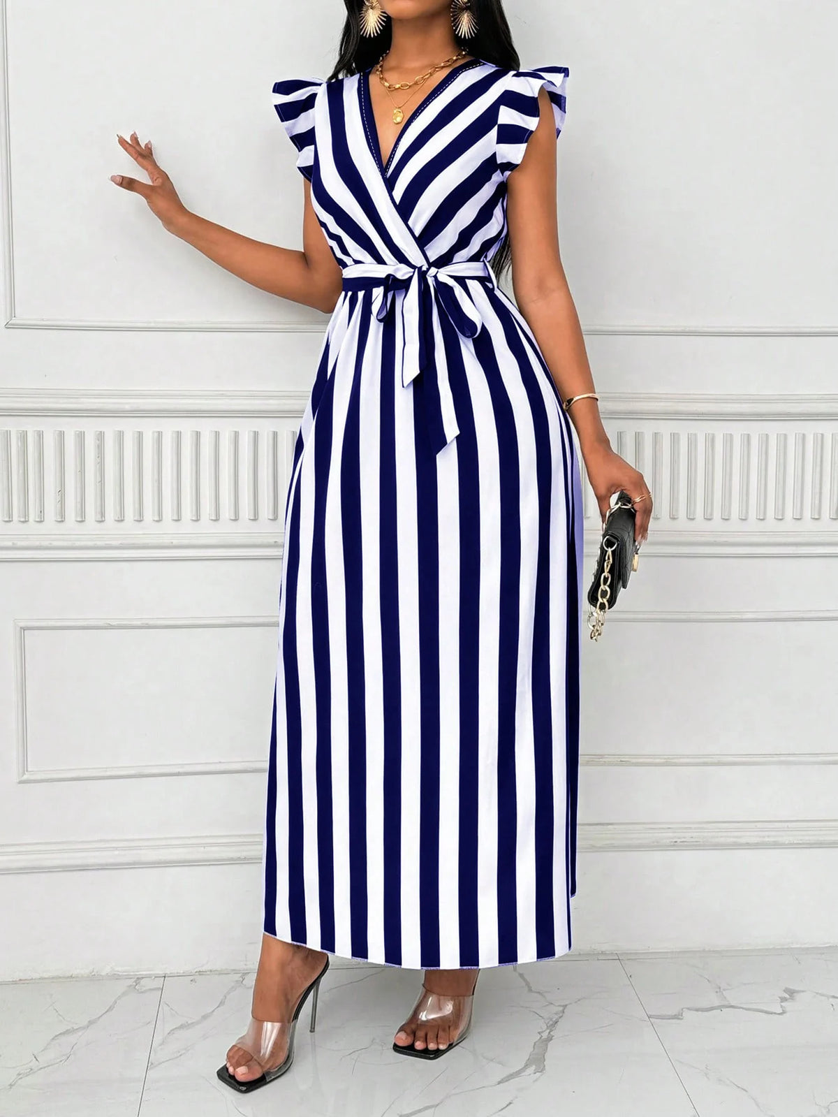 Women's Ruffled Sleeve Striped Dress Casual Vintage Long Sleeve Dress Maxi Dress