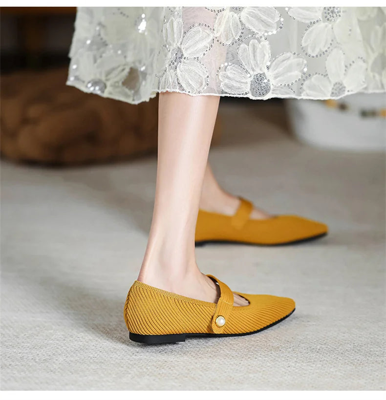 2024 Leisure Weaving Flats Women Ankle Strap Pearl Mary Stretch Fabric Ballerina  Knitting Moccasins  Mesh Ballet Solid Color