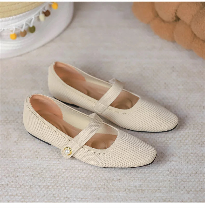 2024 Leisure Weaving Flats Women Ankle Strap Pearl Mary Stretch Fabric Ballerina  Knitting Moccasins  Mesh Ballet Solid Color
