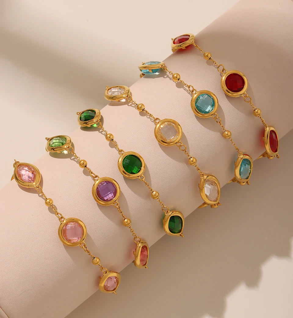 Stainless Steel Chain Necklaces Bracelet For Women 18k Gold Plated With Colorful Faceted Czech Glass Crystal Necklace Bracelets