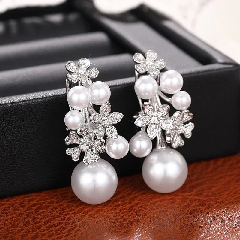 Huitan Trendy Simulated Pearl Women Drop Earrings Inlaid Sparkling CZ Flower Design Charming Party Daily Accessories Jewelry
