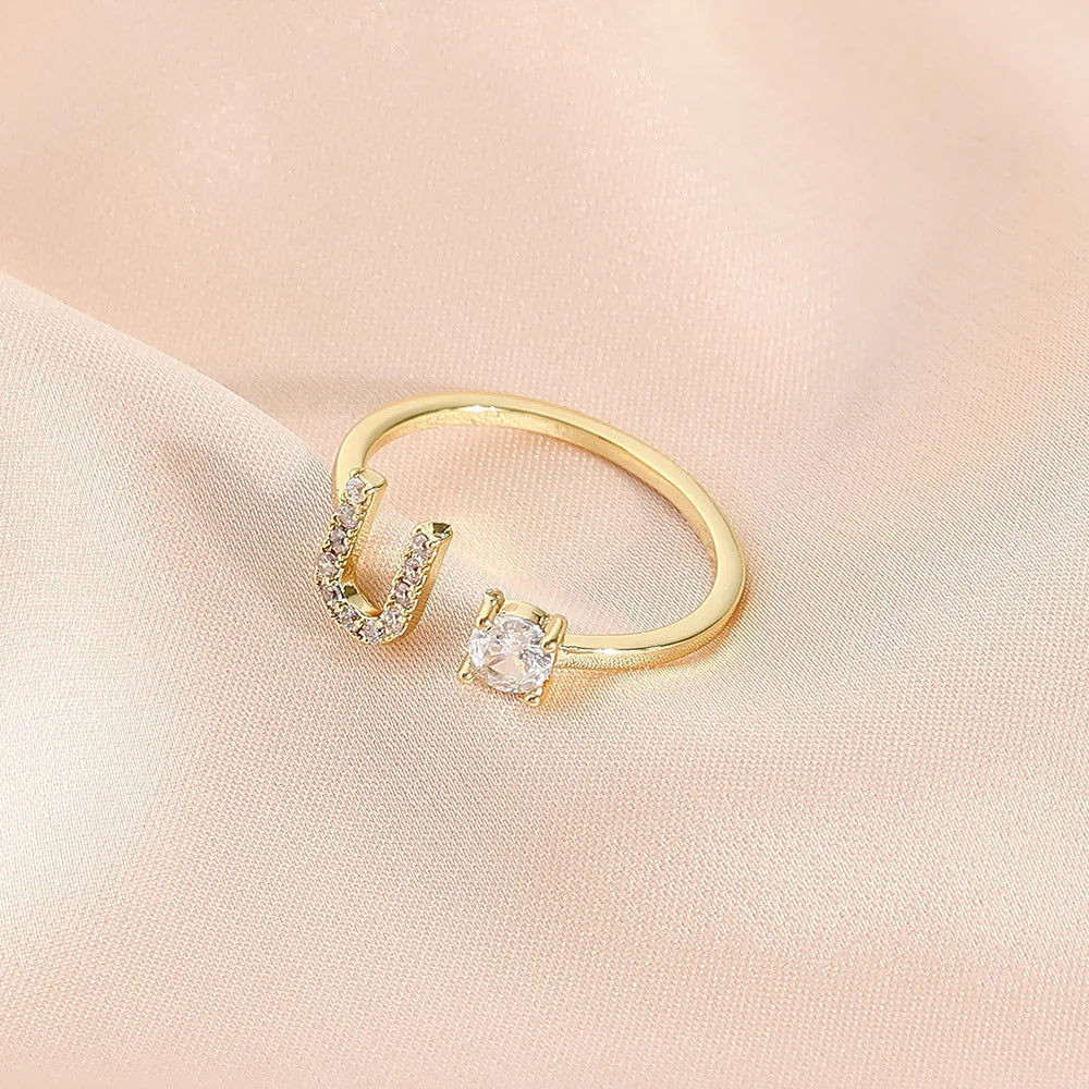 925 Sterling Silver Letter Gold Stackable Alphabet Rings with Initial Adjustable Crystal Inlaid Initial Rings Bridesmaid Gift