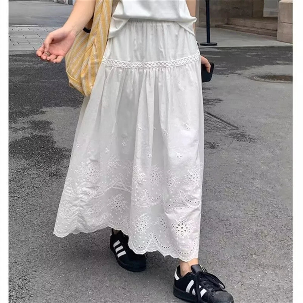 New Women's Summer Sweet White Cotton Crochet Long Skirt Spring 2025 Casual Skirts Lace up Embroidery Patchwork A-line Skirt