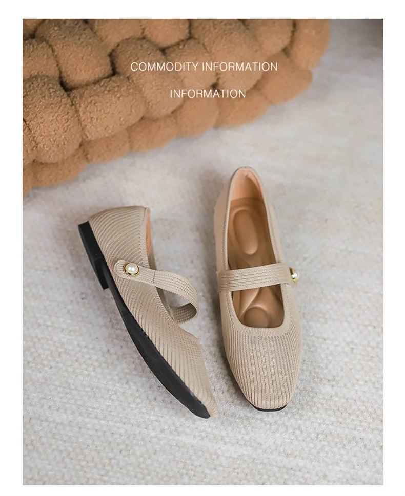 2024 Leisure Weaving Flats Women Ankle Strap Pearl Mary Stretch Fabric Ballerina  Knitting Moccasins  Mesh Ballet Solid Color