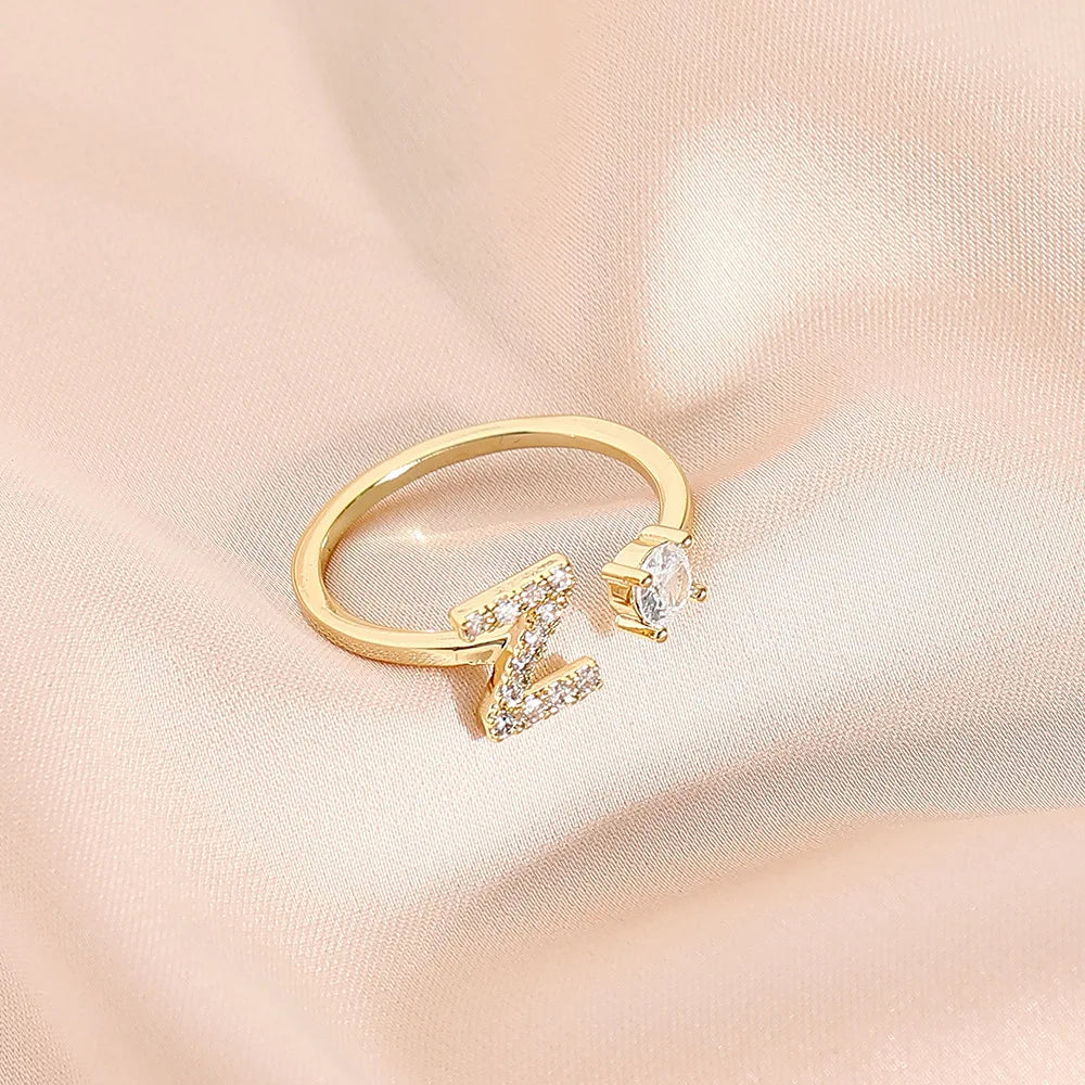 925 Sterling Silver Letter Gold Stackable Alphabet Rings with Initial Adjustable Crystal Inlaid Initial Rings Bridesmaid Gift