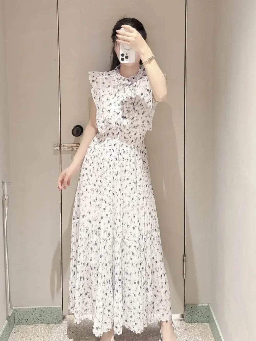 Neploe Fresh Mid-length Print High Waist Robe New Gentle Literary Lace Up Pleated Slim Exquisite Mujer Japan New Elegant Dress