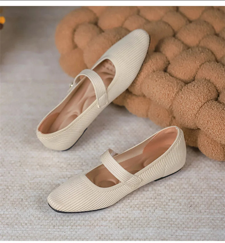 2024 Leisure Weaving Flats Women Ankle Strap Pearl Mary Stretch Fabric Ballerina  Knitting Moccasins  Mesh Ballet Solid Color